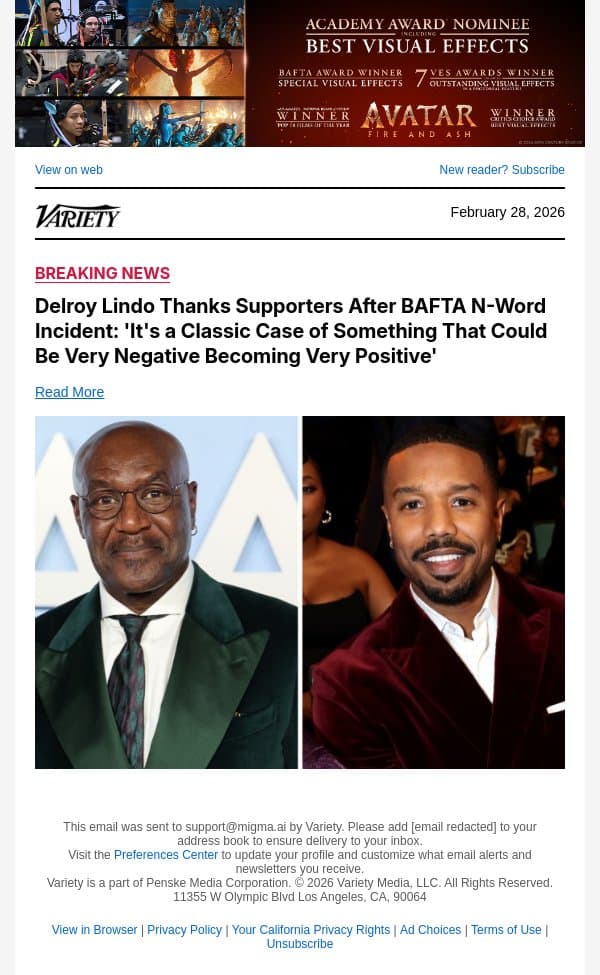 Delroy Lindo Thanks Supporters After BAFTA N-Word Incident: 'It's a Classic Case of Something That Could Be Very Negative Becoming Very Positive' email from Variety screenshot
