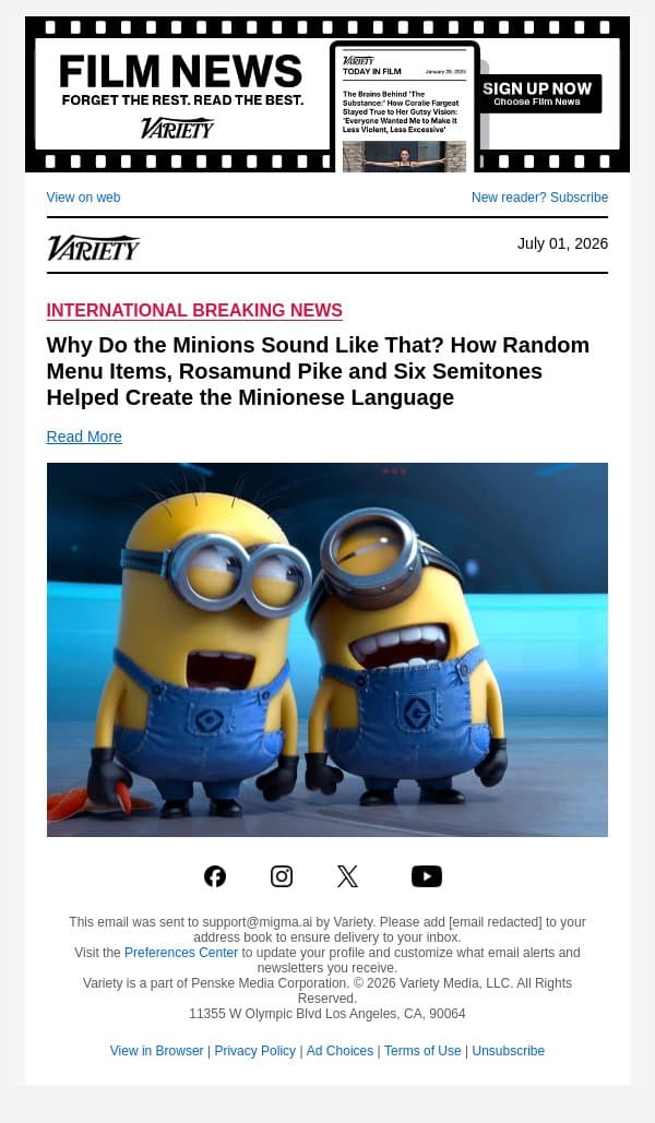 Why Do the Minions Sound Like That? How Random Menu Items, Rosamund Pike and Six Semitones Helped Create the Minionese Language email from Variety screenshot