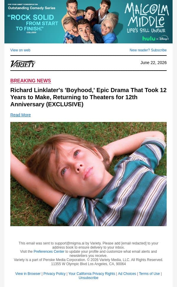 Richard Linklater's 'Boyhood,' Epic Drama That Took 12 Years to Make, Returning to Theaters for 12th Anniversary (EXCLUSIVE) email from Variety screenshot