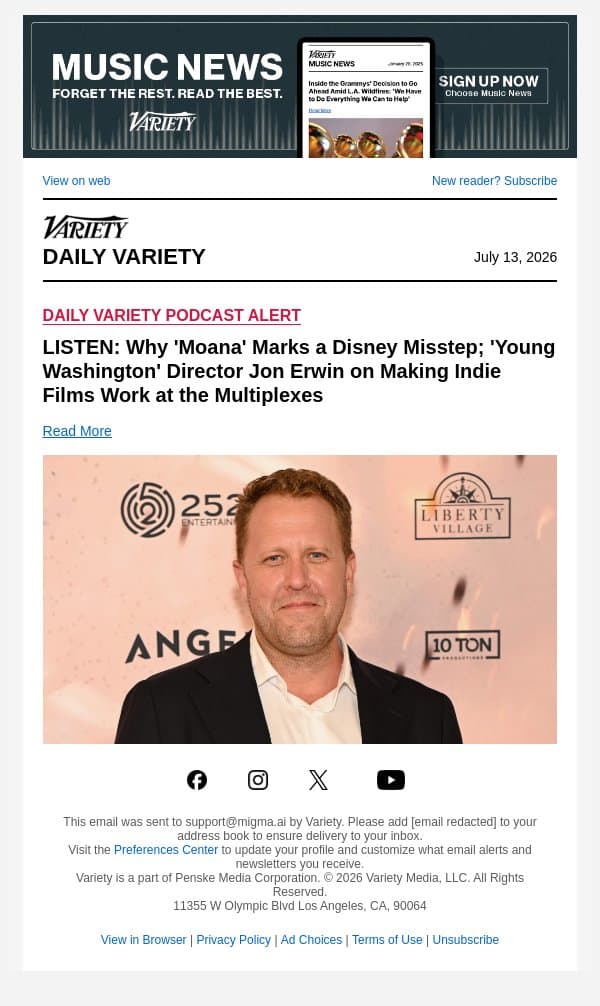 LISTEN: Why 'Moana' Marks a Disney Misstep; 'Young Washington' Director Jon Erwin on Making Indie Films Work at the Multiplexes email from Variety screenshot