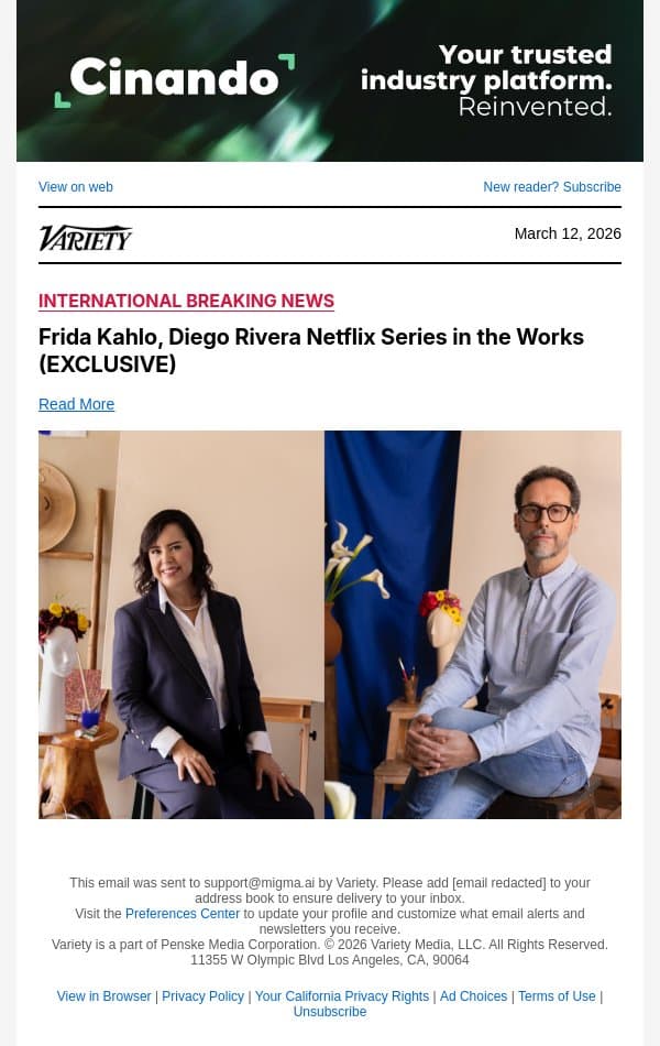 Frida Kahlo, Diego Rivera Netflix Series in the Works (EXCLUSIVE) email from Variety screenshot