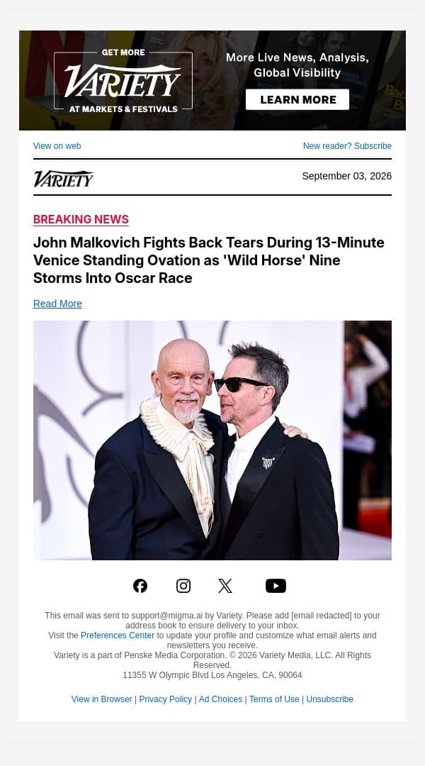 John Malkovich Fights Back Tears During 13-Minute Venice Standing Ovation as 'Wild Horse' Nine Storms Into Oscar Race email from Variety screenshot