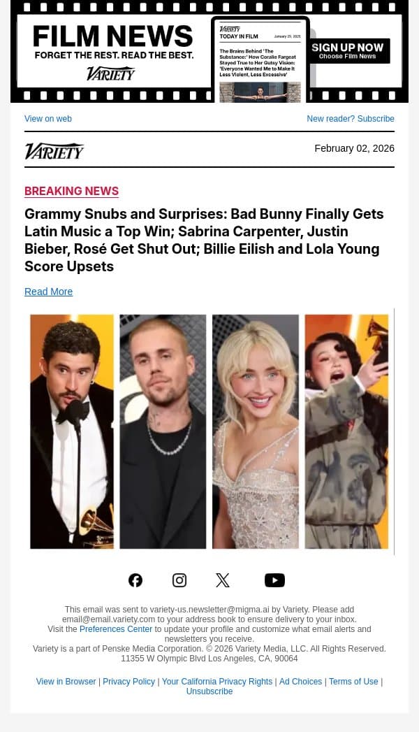 Grammy Snubs and Surprises: Bad Bunny Finally Gets Latin Music a Top Win; Sabrina Carpenter, Justin Bieber, Rosé Get Shut Out; Billie Eilish and Lola Young Score Upsets email from Variety screenshot
