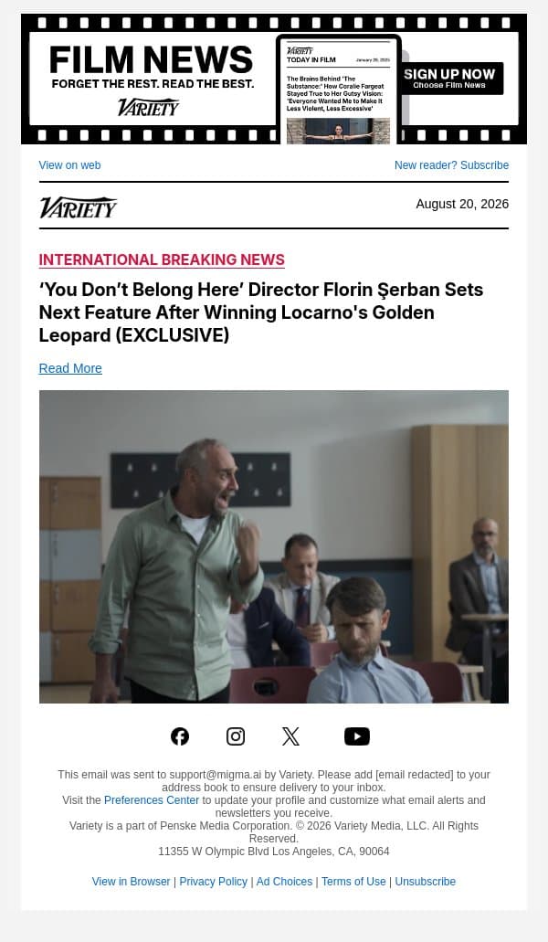 ‘You Don’t Belong Here’ Director Florin Şerban Sets Next Feature After Winning Locarno's Golden Leopard (EXCLUSIVE) email from Variety screenshot
