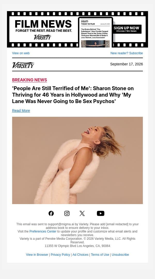 COVER STORY | 'People Are Still Terrified of Me': Sharon Stone on Thriving for 46 Years in Hollywood and Why 'My Lane Was Never Going to Be Sex Psychos' email from Variety screenshot