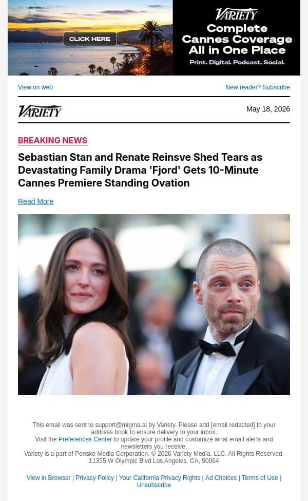 Sebastian Stan and Renate Reinsve Shed Tears as Devastating Family Drama 'Fjord' Gets 10-Minute Cannes Premiere Standing Ovation email from Variety screenshot