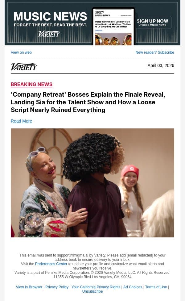 'Company Retreat' Bosses Explain the Finale Reveal, Landing Sia for the Talent Show and How a Loose Script Nearly Ruined Everything email from Variety screenshot