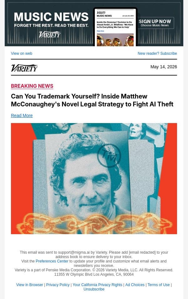 Can You Trademark Yourself? Inside Matthew McConaughey's Novel Legal Strategy to Fight AI Theft email from Variety screenshot