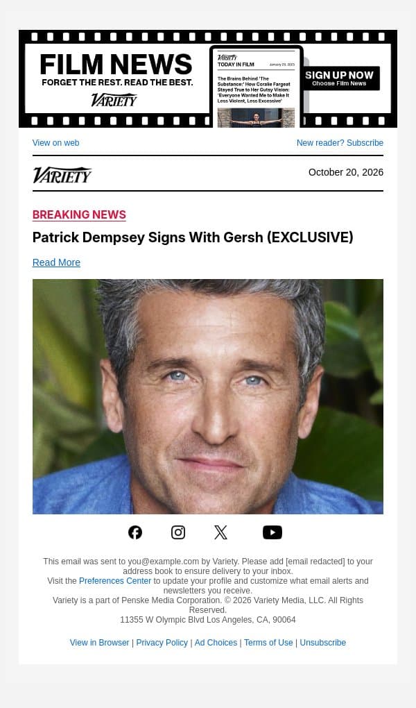 Patrick Dempsey Signs With Gersh (EXCLUSIVE) email from Variety screenshot