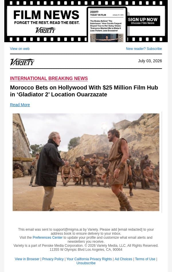 Morocco Bets on Hollywood With $25 Million Film Hub in ‘Gladiator 2’ Location Ouarzazate email from Variety screenshot