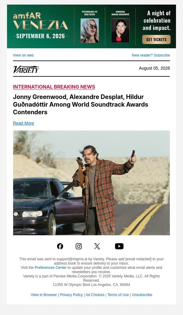 Jonny Greenwood, Alexandre Desplat, Hildur Guðnadóttir Among World Soundtrack Awards Contenders email from Variety screenshot