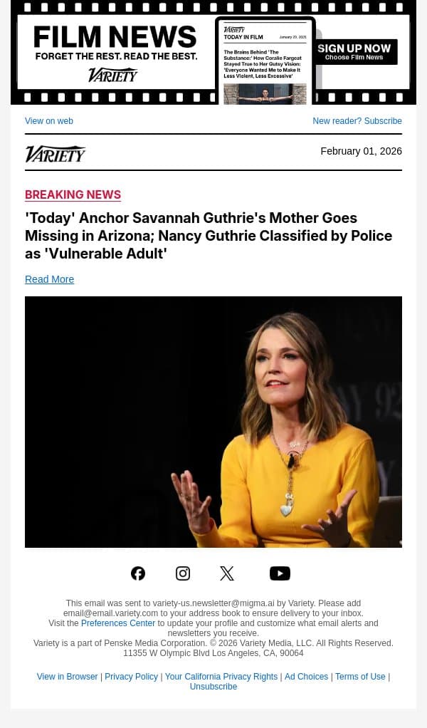 'Today' Anchor Savannah Guthrie's Mother Goes Missing in Arizona; Nancy Guthrie Classified by Police as 'Vulnerable Adult' email from Variety screenshot