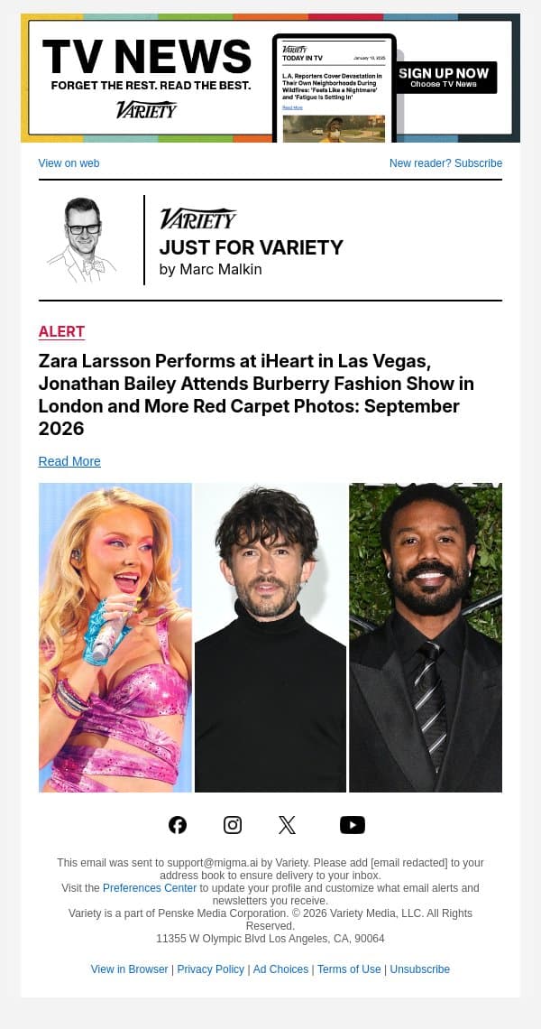 Zara Larsson Performs at iHeart in Las Vegas, Jonathan Bailey Attends Burberry Fashion Show in London and More Red Carpet Photos: September 2026 email from Variety screenshot