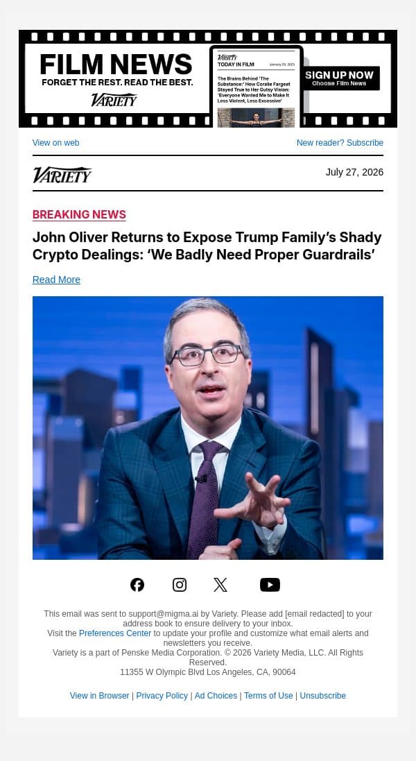 John Oliver Returns to Expose Trump Family’s Shady Crypto Dealings: ‘We Badly Need Proper Guardrails’ email from Variety screenshot