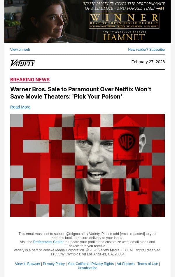 Warner Bros. Sale to Paramount Over Netflix Won't Save Movie Theaters: 'Pick Your Poison' email from Variety screenshot