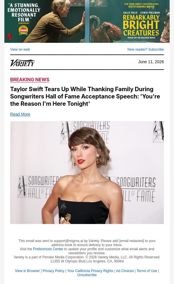 Taylor Swift Tears Up While Thanking Family During Songwriters Hall of Fame Acceptance Speech: 'You're the Reason I'm Here Tonight' email from Variety screenshot