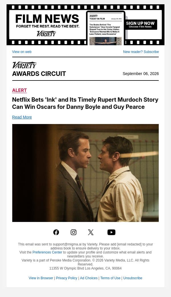 Netflix Bets 'Ink' and Its Timely Rupert Murdoch Story Can Win Oscars for Danny Boyle and Guy Pearce email from Variety screenshot