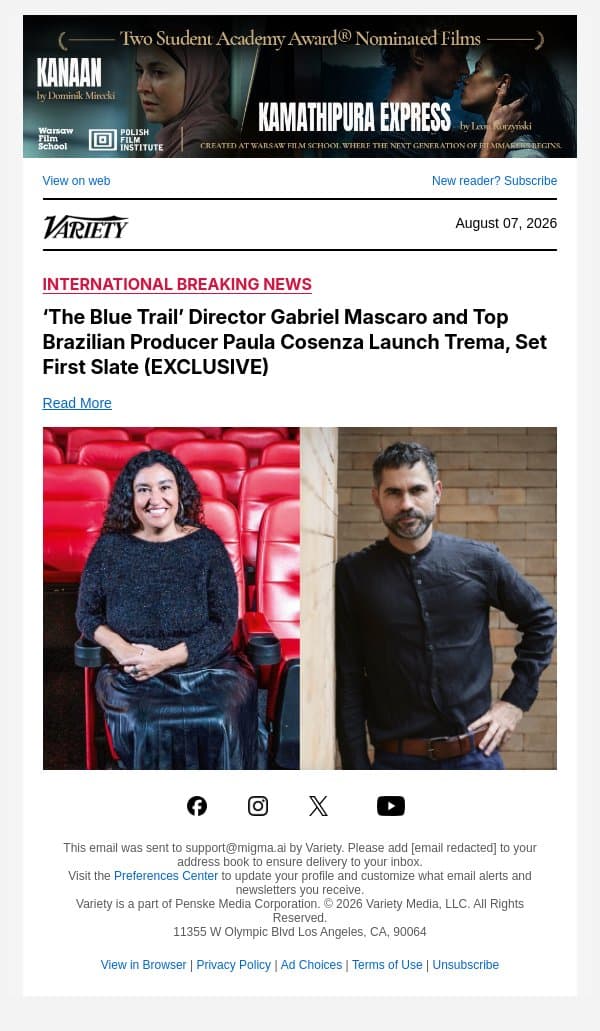 ‘The Blue Trail’ Director Gabriel Mascaro and Top Brazilian Producer Paula Cosenza Launch Trema, Set First Slate (EXCLUSIVE) email from Variety screenshot