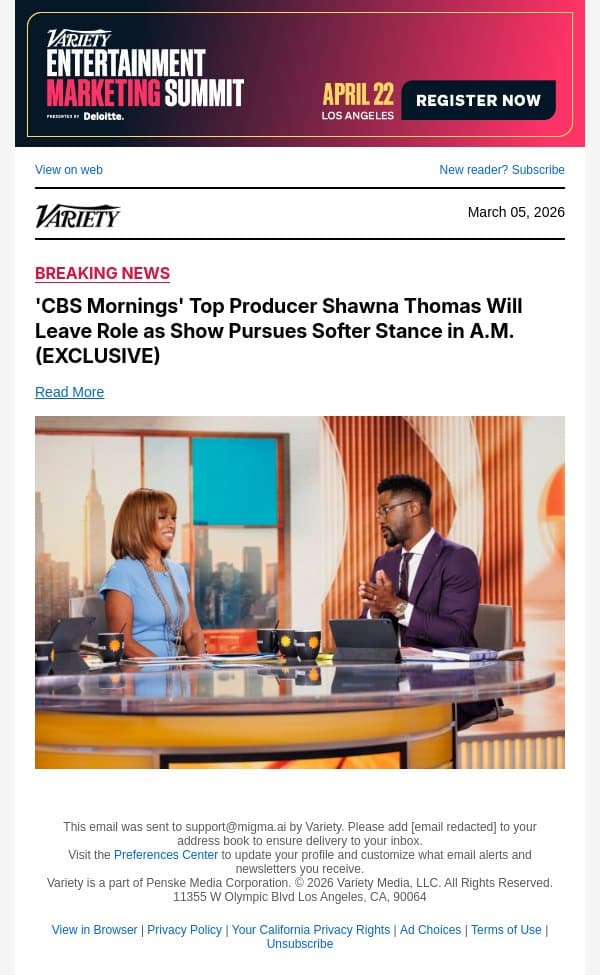 'CBS Mornings' Top Producer Shawna Thomas Will Leave Role as Show Pursues Softer Stance in A.M. (EXCLUSIVE) email from Variety screenshot