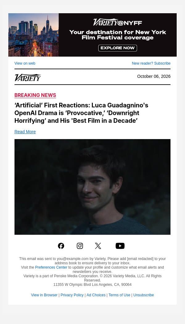 ‘Artificial’ First Reactions: Luca Guadagnino's OpenAI Drama is ‘Provocative,’ ‘Downright Horrifying’ and His 'Best Film in a Decade’ email from Variety screenshot