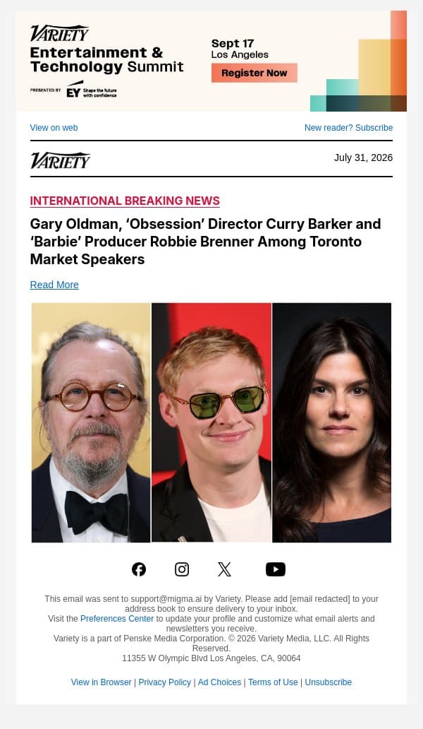 Gary Oldman, ‘Obsession’ Director Curry Barker and ‘Barbie’ Producer Robbie Brenner Among Toronto Market Speakers email from Variety screenshot