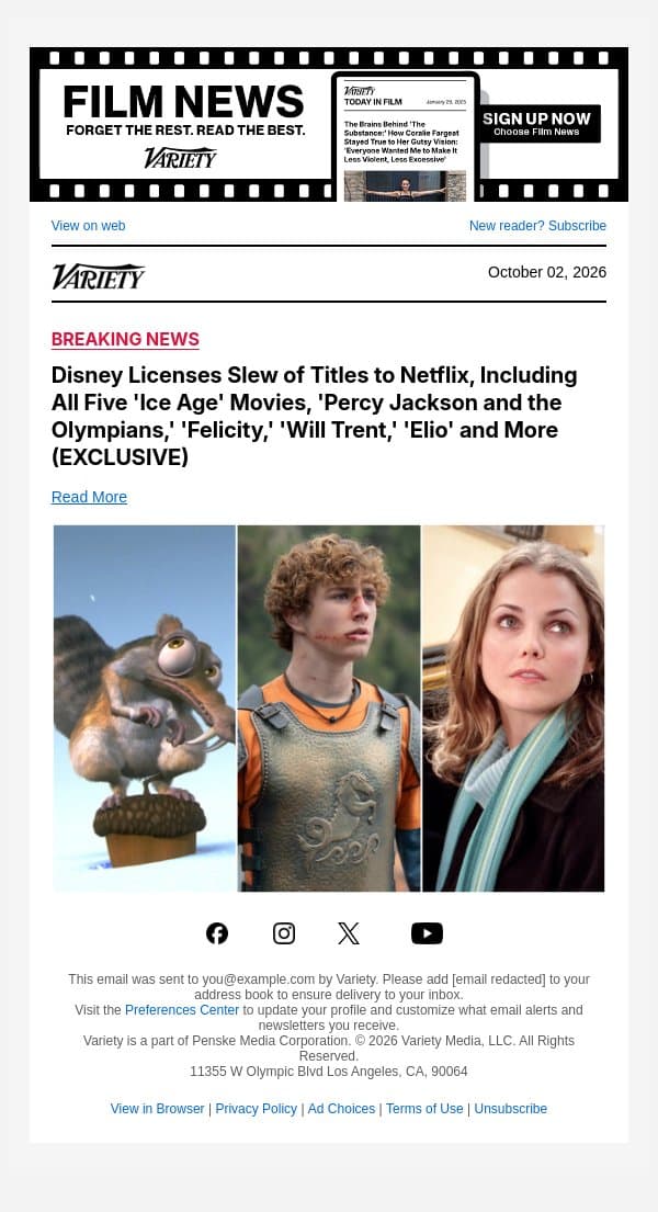 Disney Licenses Slew of Titles to Netflix, Including All Five 'Ice Age' Movies, 'Percy Jackson and the Olympians,' 'Felicity,' 'Will Trent,' 'Elio' and More (EXCLUSIVE) email from Variety screenshot
