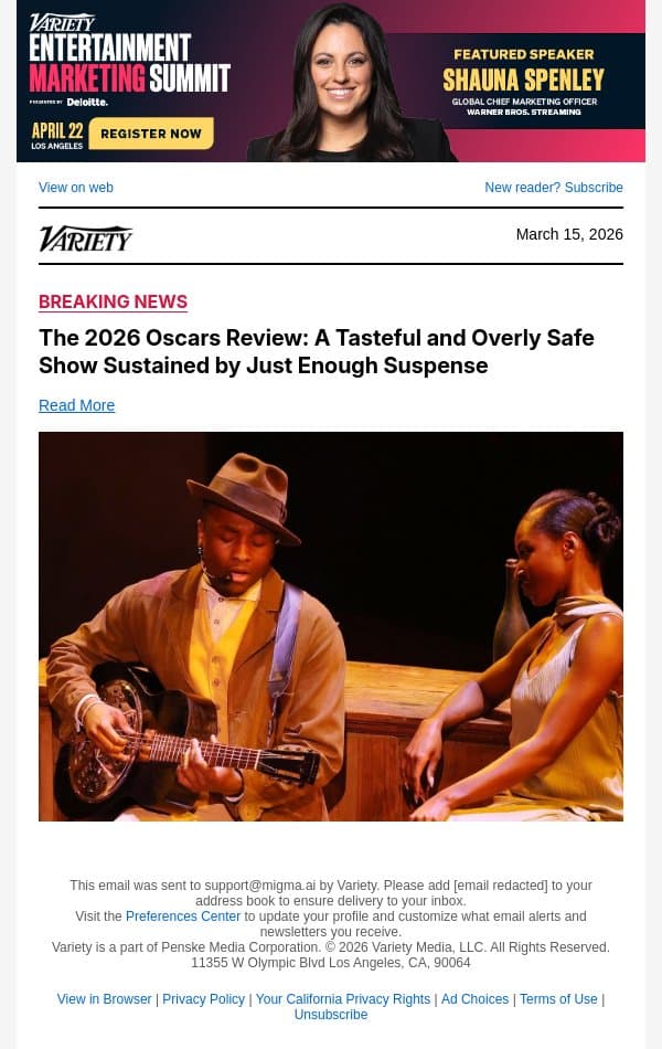 The 2026 Oscars Review: A Tasteful and Overly Safe Show Sustained by Just Enough Suspense email from Variety screenshot