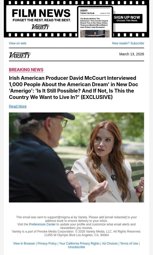 Irish American Producer David McCourt Interviewed 1,000 People About the American Dream' in New Doc 'Amerigo': 'Is It Still Possible? And If Not, Is This the Country We Want to Live In?' (EXCLUSIVE) email from Variety screenshot