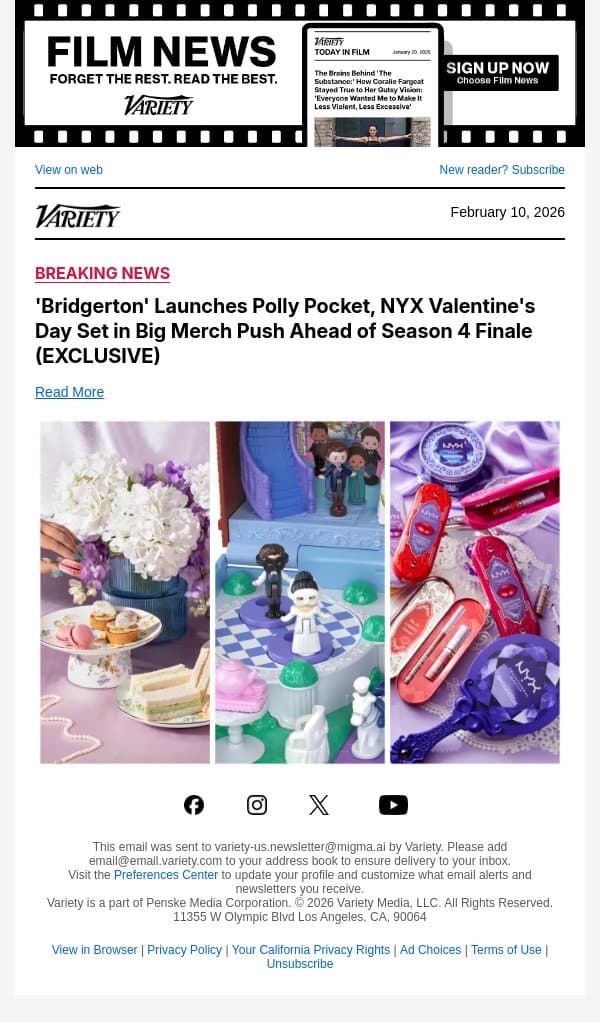 'Bridgerton' Launches Polly Pocket, NYX Valentine's Day Set in Big Merch Push Ahead of Season 4 Finale (EXCLUSIVE) email from Variety screenshot