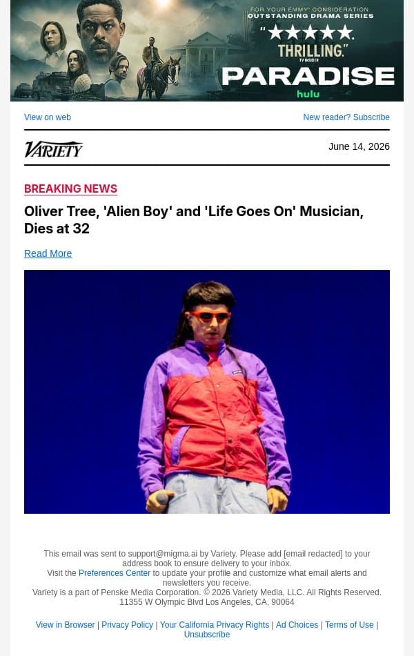 Oliver Tree, 'Alien Boy' and 'Life Goes On' Musician, Dies at 32 email from Variety screenshot