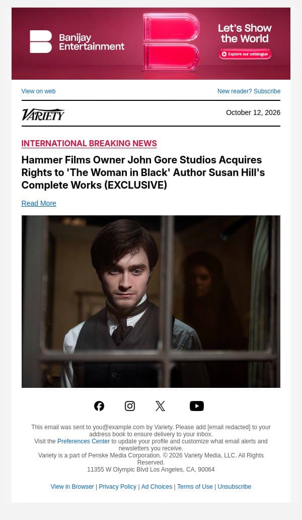 Hammer Films Owner John Gore Studios Acquires Rights to 'The Woman in Black' Author Susan Hill's Complete Works (EXCLUSIVE) email from Variety screenshot