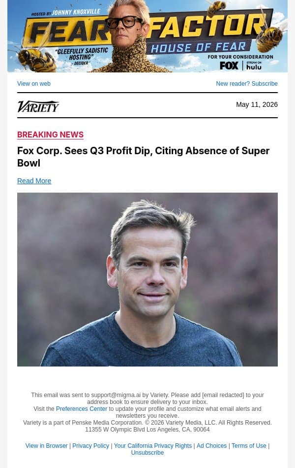 Fox Corp. Sees Q3 Profit Dip, Citing Absence of Super Bowl email from Variety screenshot