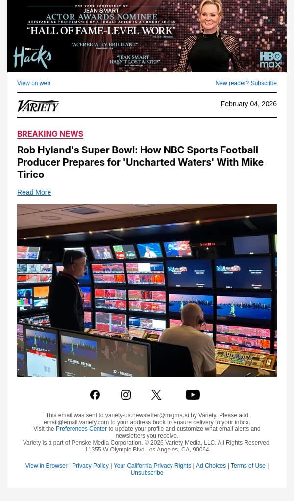 Rob Hyland's Super Bowl: How NBC Sports Football Producer Prepares for 'Uncharted Waters' With Mike Tirico email from Variety screenshot