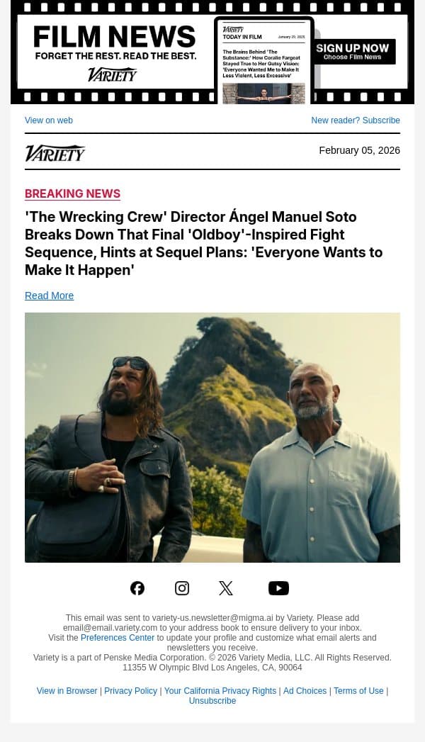 'The Wrecking Crew' Director Ángel Manuel Soto Breaks Down That Final 'Oldboy'-Inspired Fight Sequence, Hints at Sequel Plans: 'Everyone Wants to Make It Happen' email from Variety screenshot