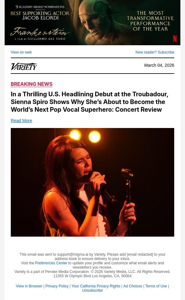 In a Thrilling U.S. Headlining Debut at the Troubadour, Sienna Spiro Shows Why She’s About to Become the World’s Next Pop Vocal Superhero: Concert Review email from Variety screenshot