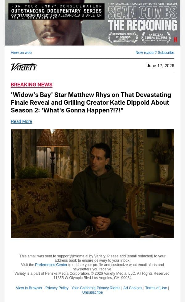 'Widow's Bay' Star Matthew Rhys on That Devastating Finale Reveal and Grilling Creator Katie Dippold About Season 2: 'What's Gonna Happen?!?!" email from Variety screenshot