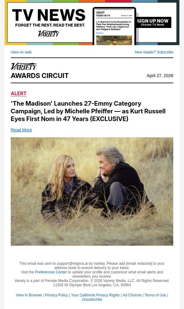 'The Madison' Launches 27-Emmy Category Campaign, Led by Michelle Pfeiffer — as Kurt Russell Eyes First Nom in 47 Years (EXCLUSIVE) email from Variety screenshot