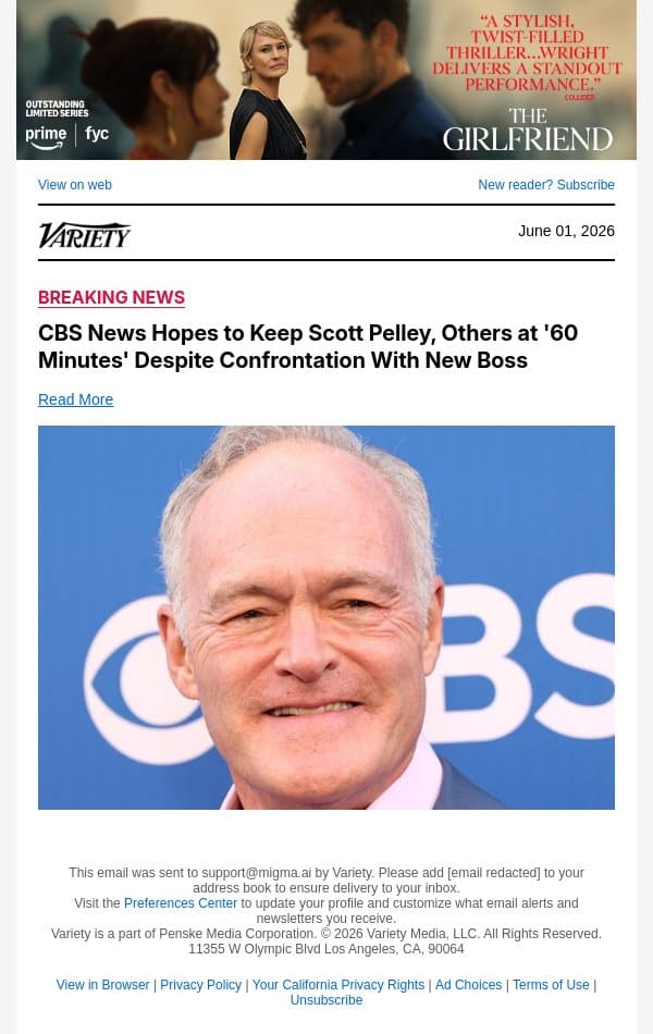 CBS News Hopes to Keep Scott Pelley, Others at '60 Minutes' Despite Confrontation With New Boss email from Variety screenshot