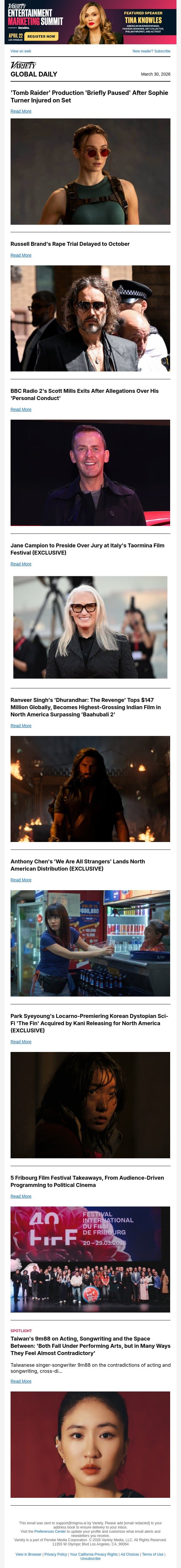 'Tomb Raider' Production Paused; Russell Brand Trial Delayed; Scott Mills Out at BBC email from Variety screenshot