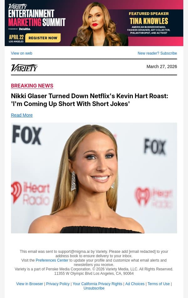 Nikki Glaser Turned Down Netflix's Kevin Hart Roast: 'I'm Coming Up Short With Short Jokes' email from Variety screenshot