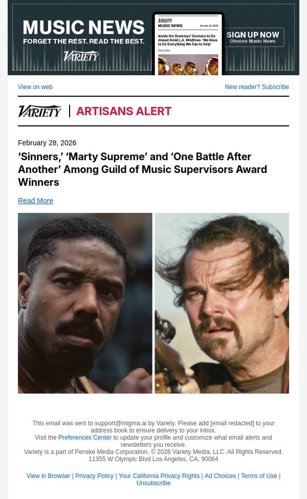 ‘Sinners,’ ‘Marty Supreme’ and ‘One Battle After Another’ Among Guild of Music Supervisors Award Winners email from Variety screenshot