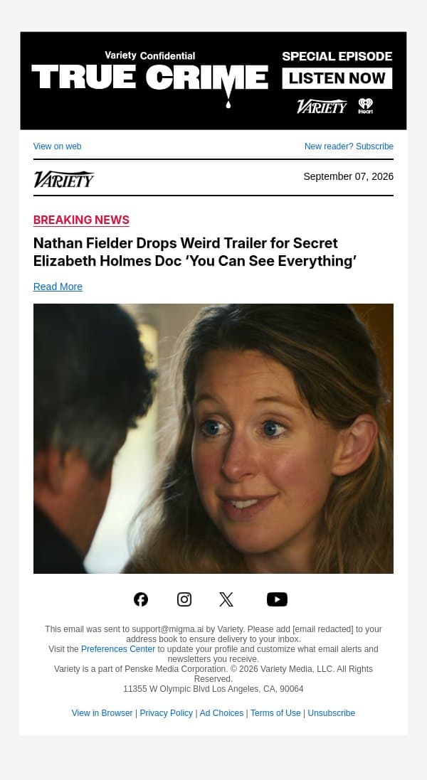 Nathan Fielder Drops Weird Trailer for Secret Elizabeth Holmes Doc ‘You Can See Everything’ email from Variety screenshot