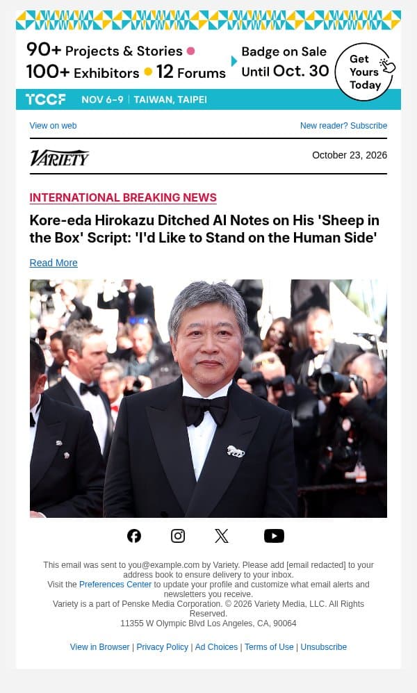 Kore-eda Hirokazu Ditched AI Notes on His 'Sheep in the Box' Script: 'I'd Like to Stand on the Human Side' email from Variety screenshot