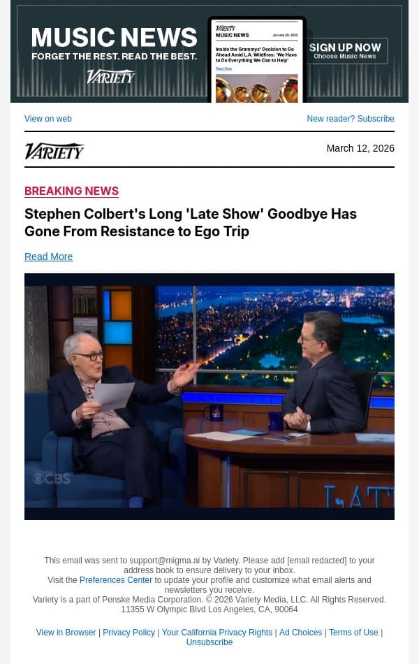 Stephen Colbert's Long 'Late Show' Goodbye Has Gone From Resistance to Ego Trip email from Variety screenshot
