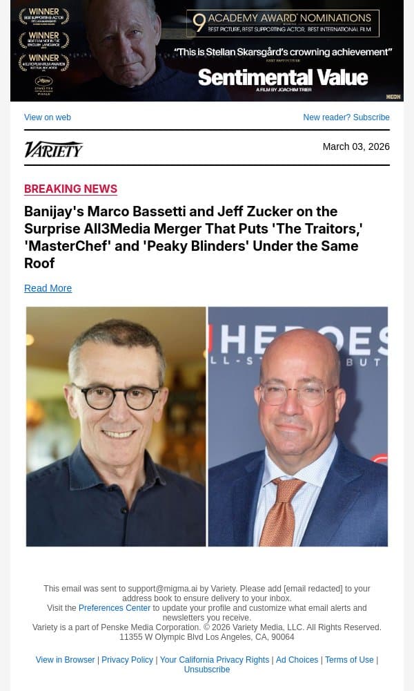 Banijay's Marco Bassetti and Jeff Zucker on the Surprise All3Media Merger That Puts 'The Traitors,' 'MasterChef' and 'Peaky Blinders' Under the Same Roof email from Variety screenshot
