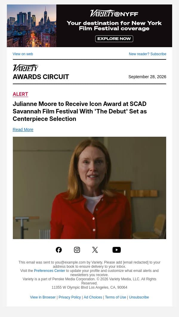 Julianne Moore to Receive Icon Award at SCAD Savannah Film Festival With 'The Debut' Set as Centerpiece Selection email from Variety screenshot