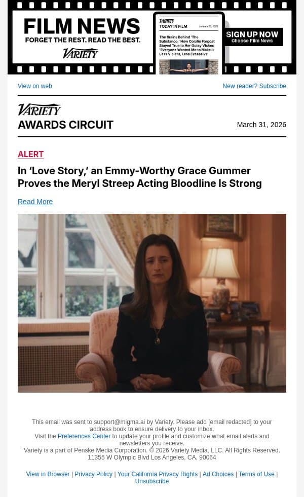 In ‘Love Story,’ an Emmy-Worthy Grace Gummer Proves the Meryl Streep Acting Bloodline Is Strong email from Variety screenshot