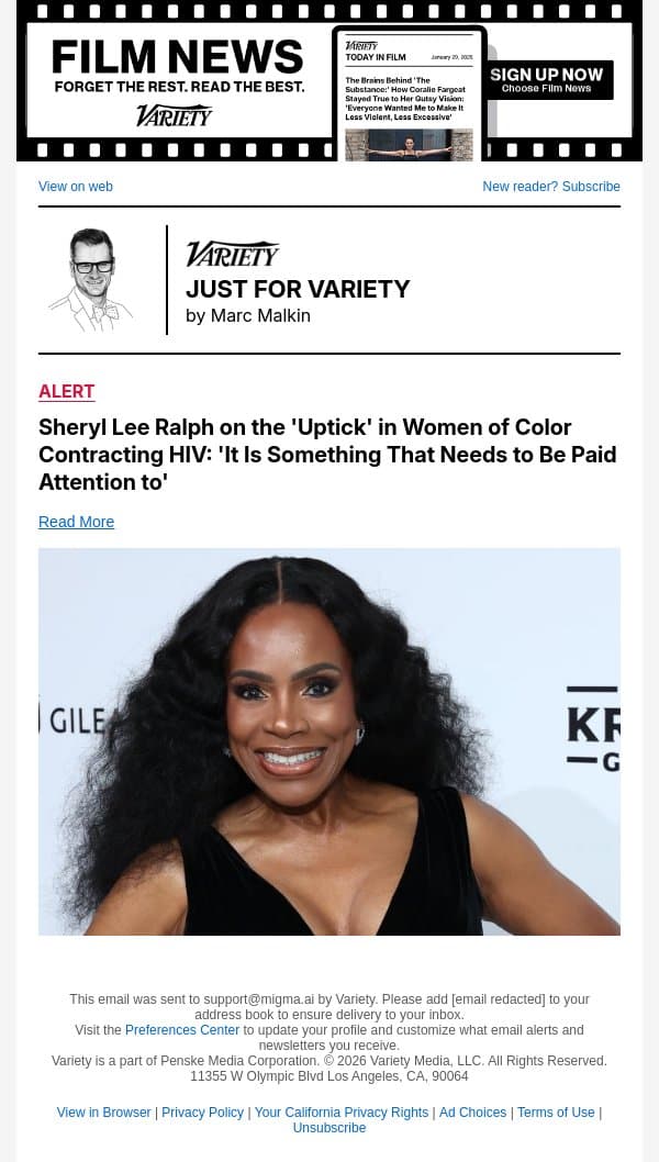 Sheryl Lee Ralph on the 'Uptick' in Women of Color Contracting HIV: 'It Is Something That Needs to Be Paid Attention to' email from Variety screenshot