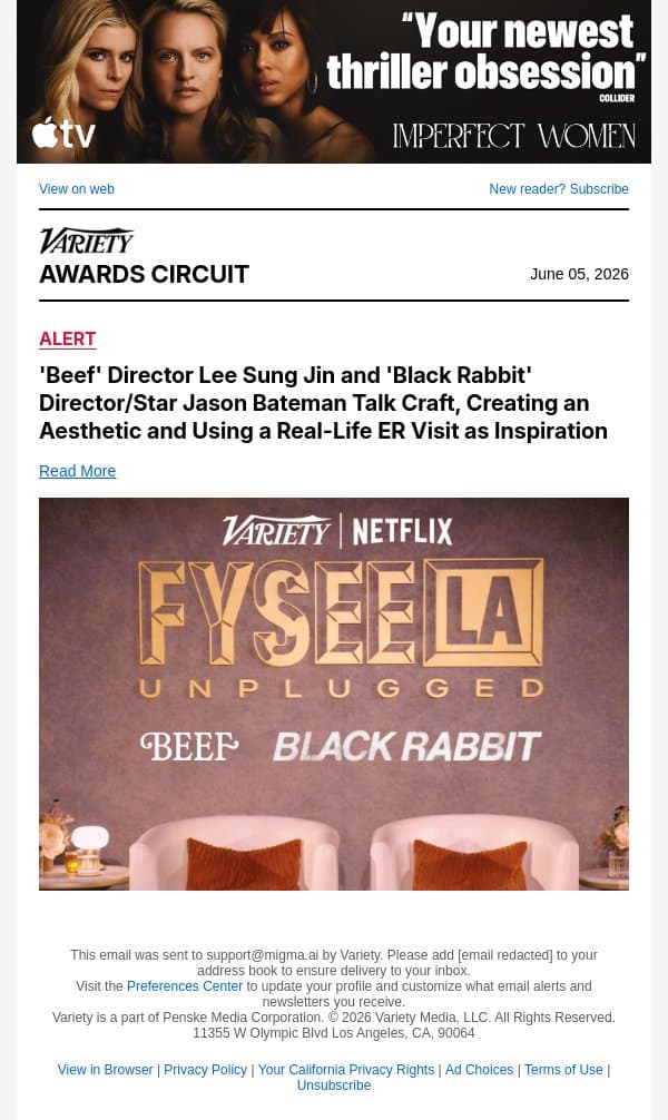 'Beef' Director Lee Sung Jin and 'Black Rabbit' Director/Star Jason Bateman Talk Craft, Creating an Aesthetic and Using a Real-Life ER Visit as Inspiration email from Variety screenshot