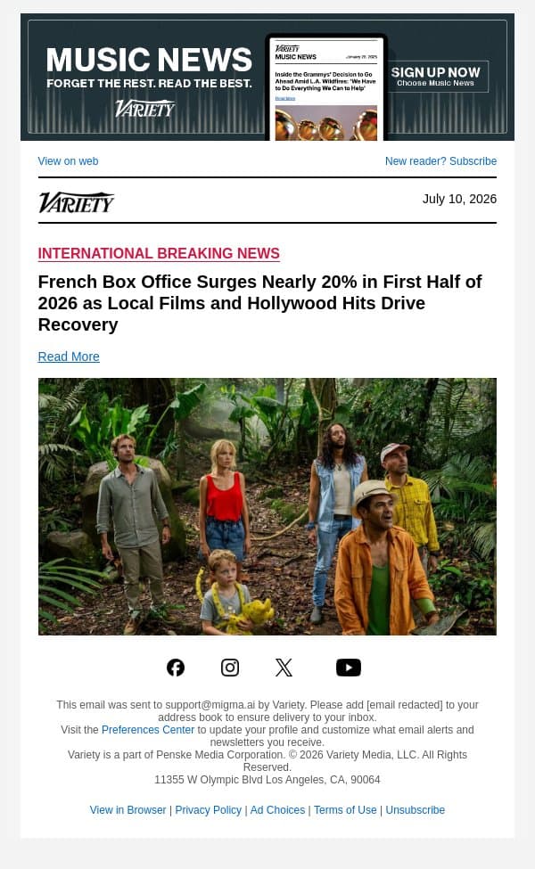 French Box Office Surges Nearly 20% in First Half of 2026 as Local Films and Hollywood Hits Drive Recovery email from Variety screenshot